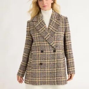 Free Assembly Plaid Double-Breasted Pea Coat Size: Medium
